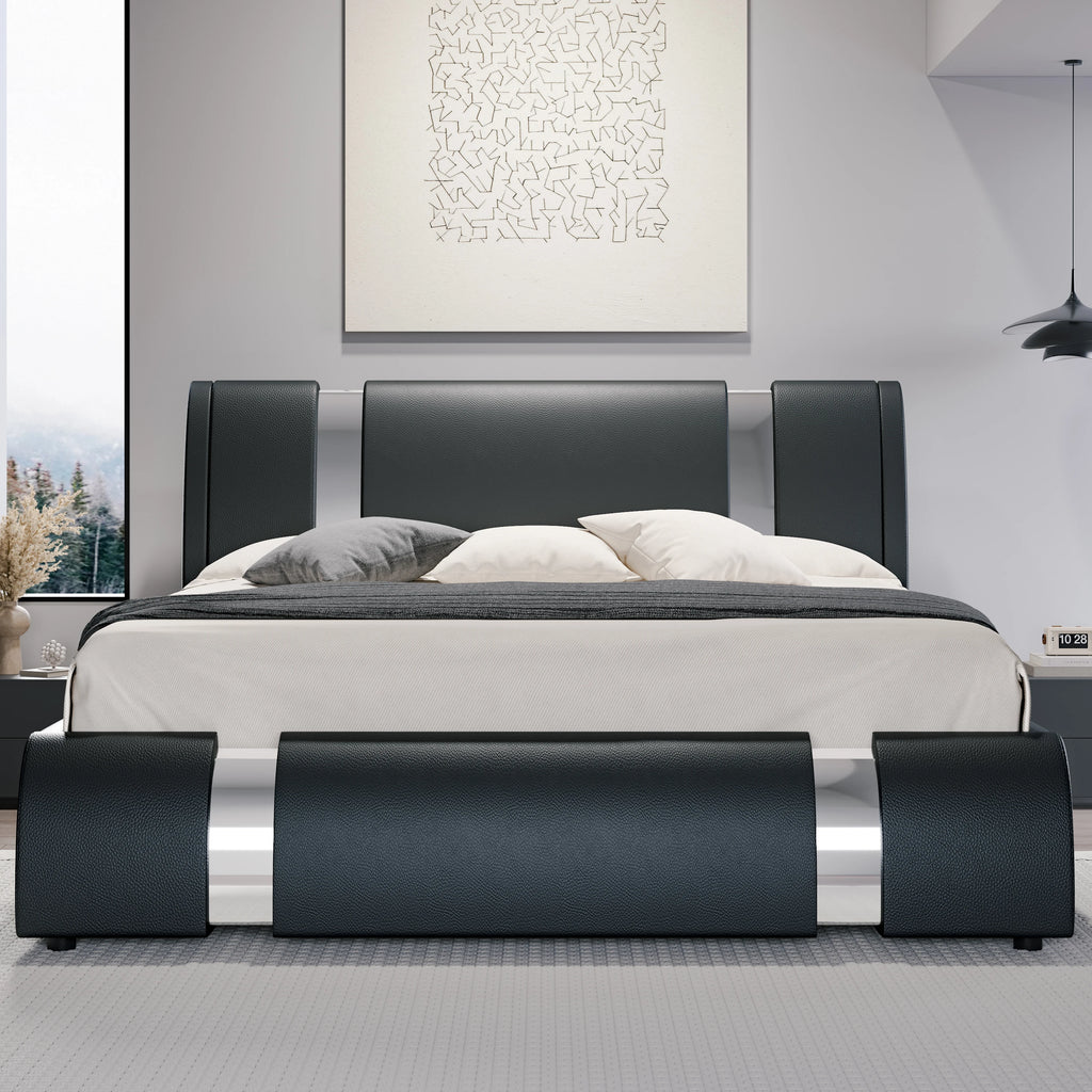 Faux Leather Bed Frame with Iron Pieces Low Profile Platform Bed with Height-Adjustable Headboard
