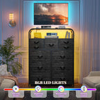 47" H Dressers & Chests of Drawers with LED Lights & Charging Station, Dresser for Bedroom with 11 Fabric Drawers & 4 Hooks