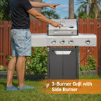 Stainless Steel Propane Grill 3 Burner Gas Grill with Side Burner And Cover for Outdoor BBQ Camping