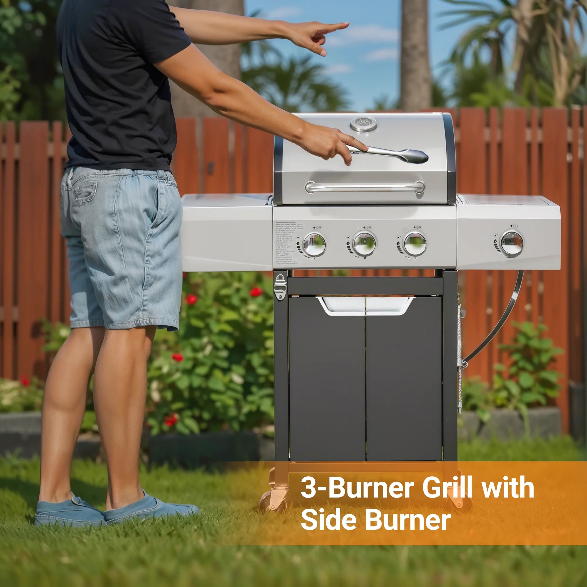 Stainless Steel Propane Grill 3 Burner Gas Grill with Side Burner And Cover for Outdoor BBQ Camping
