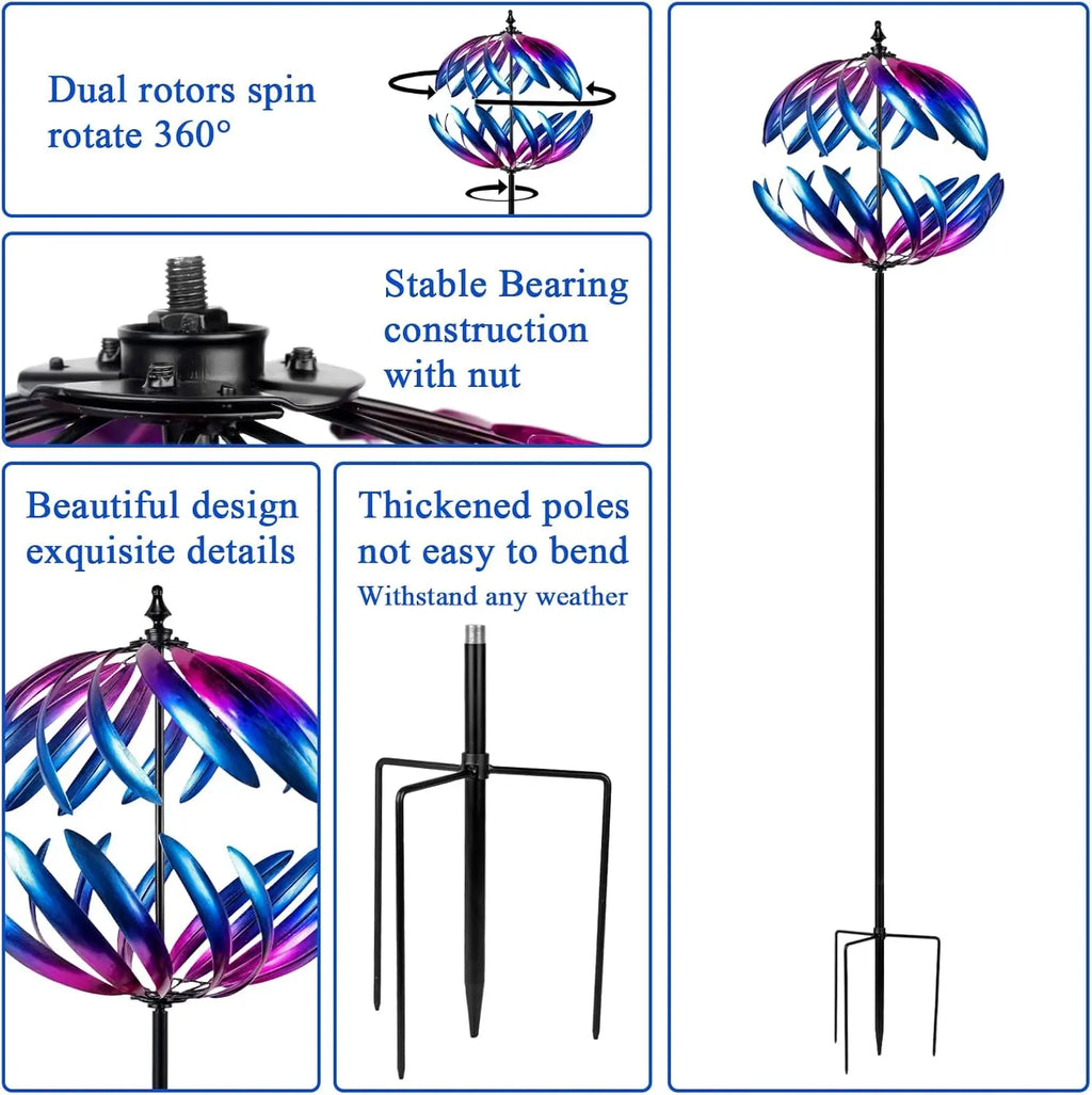 Kinetic Garden Wind Spinner, Double-Layer Metal Art, Blue and Purple Gradient