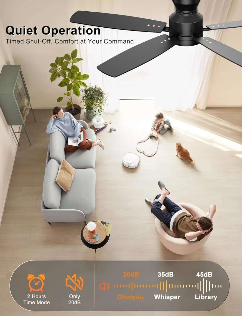 52" Low Profile Ceiling Fan with Light & Remote/APP, Quiet DC Motor, Dimmable, Black, for Bedroom Living Room