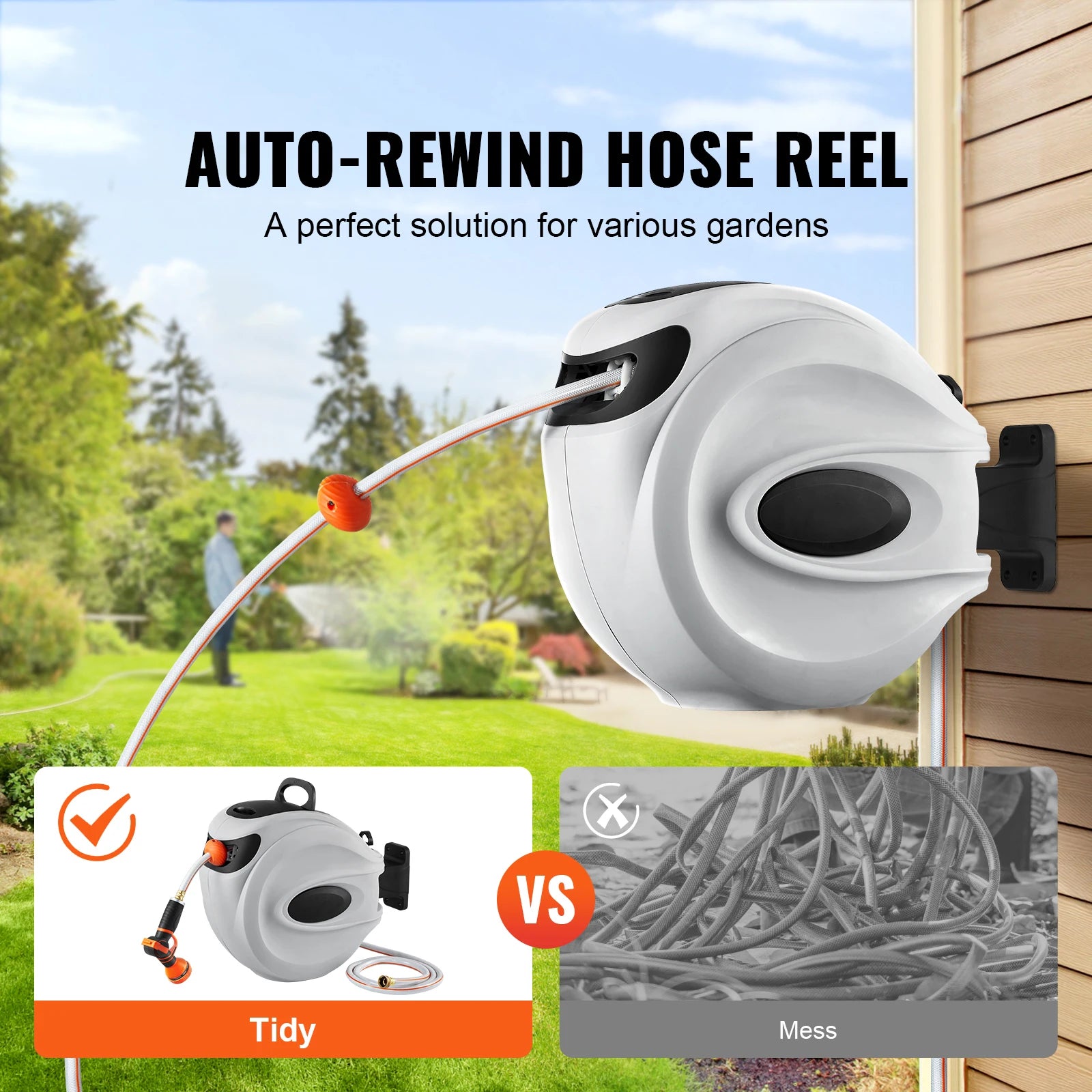 Retractable Hose Reel 180° Swivel Bracket Wall-Mounted with 9-Pattern Nozzle Automatic Rewind
