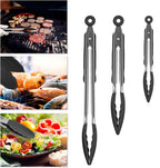 Black Stainless Steel Tongs Set – 7”, 9” & 12” Heat Resistant with Silicone Tip, Pull Lock, Black – Set of 3