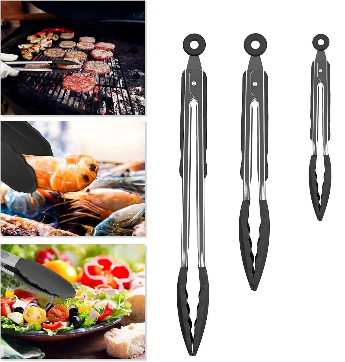 Black Stainless Steel Tongs Set – 7”, 9” & 12” Heat Resistant with Silicone Tip, Pull Lock, Black – Set of 3