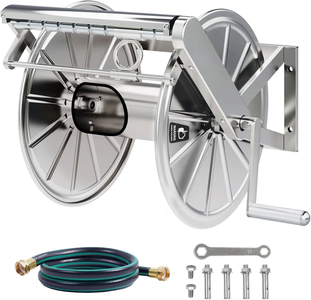 Stainless Steel Garden Hose Reel Heavy Duty Wall Mount 150 Feet Capacity Outdoor Pipe Storage Organizer Automatic Guide Handle Solid Brass Connectors