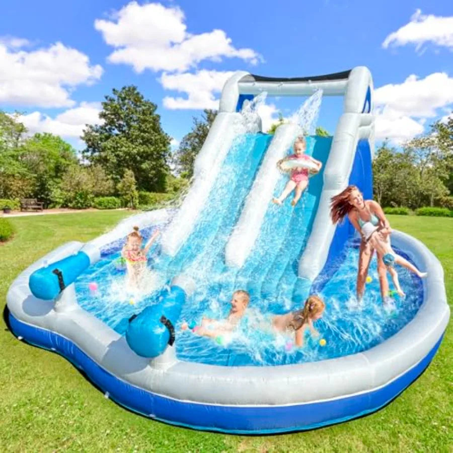 Backyard summer party inflatable water park for big kids, PVC material, blue and yellow, 17.7FT double splash pool