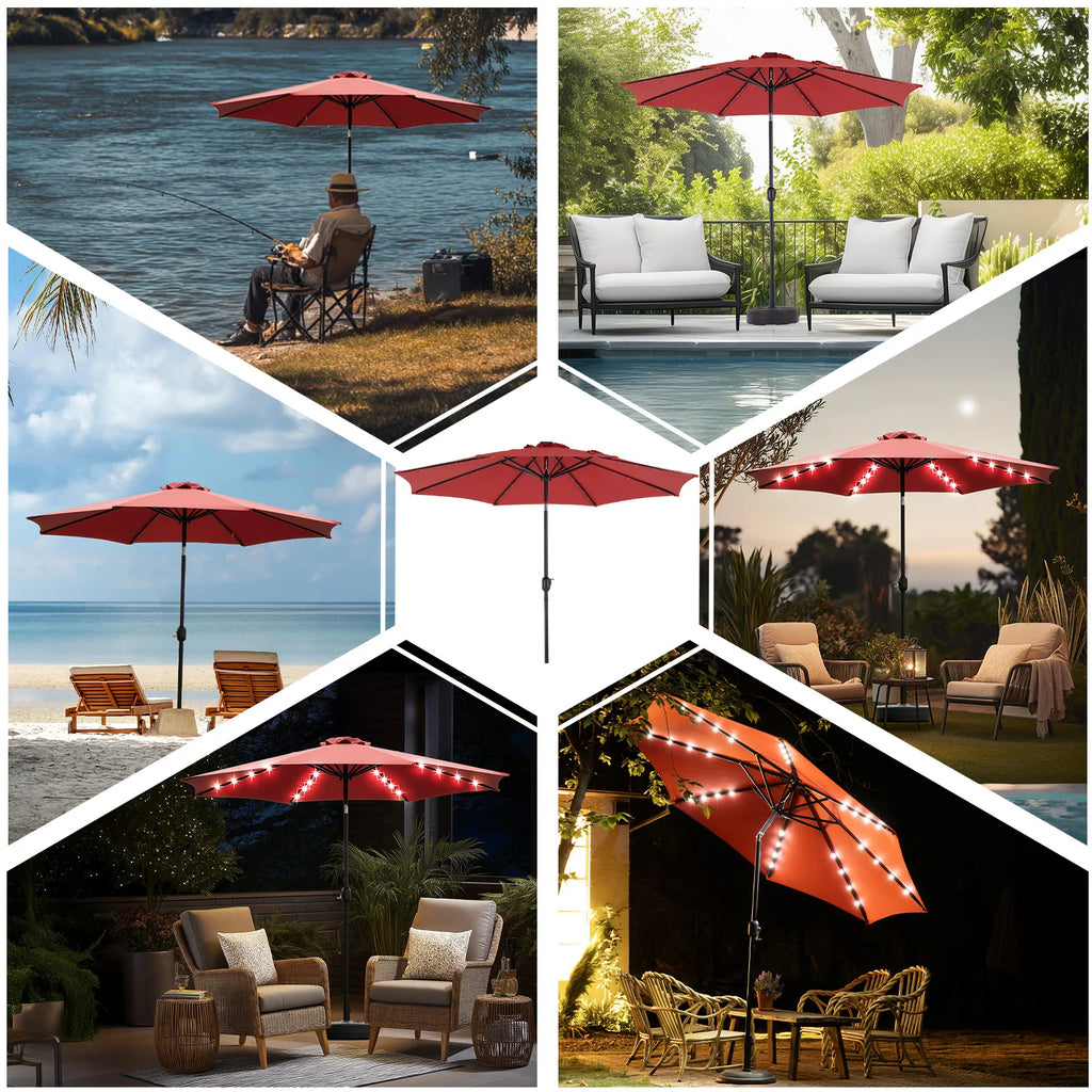 10FT Solar Patio Umbrella with 32 LED Lights UV-Resistant Outdoor Table Umbrella with Tilt and Crank