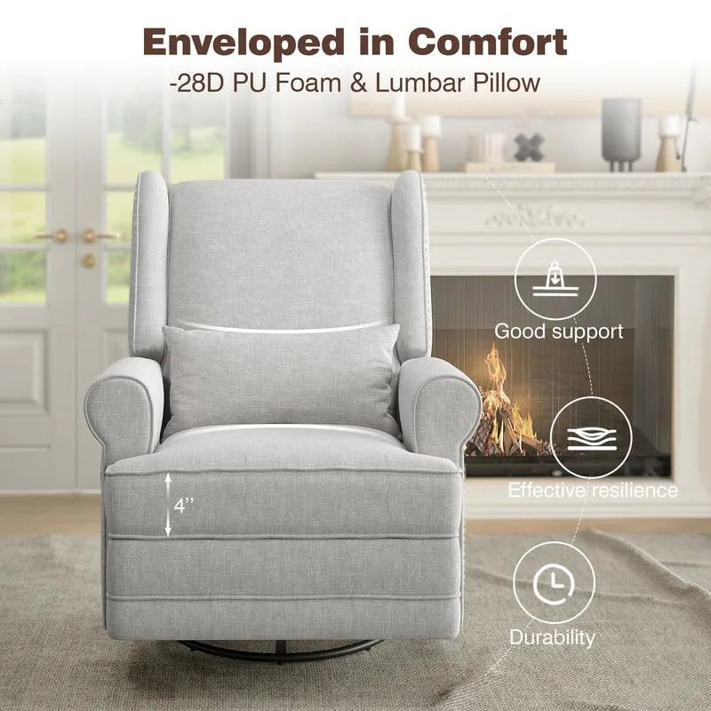Upholstered Swivel Recliner Chair, Comfy Glider Rocking Chair with Lumbar Pillow and Footrest,