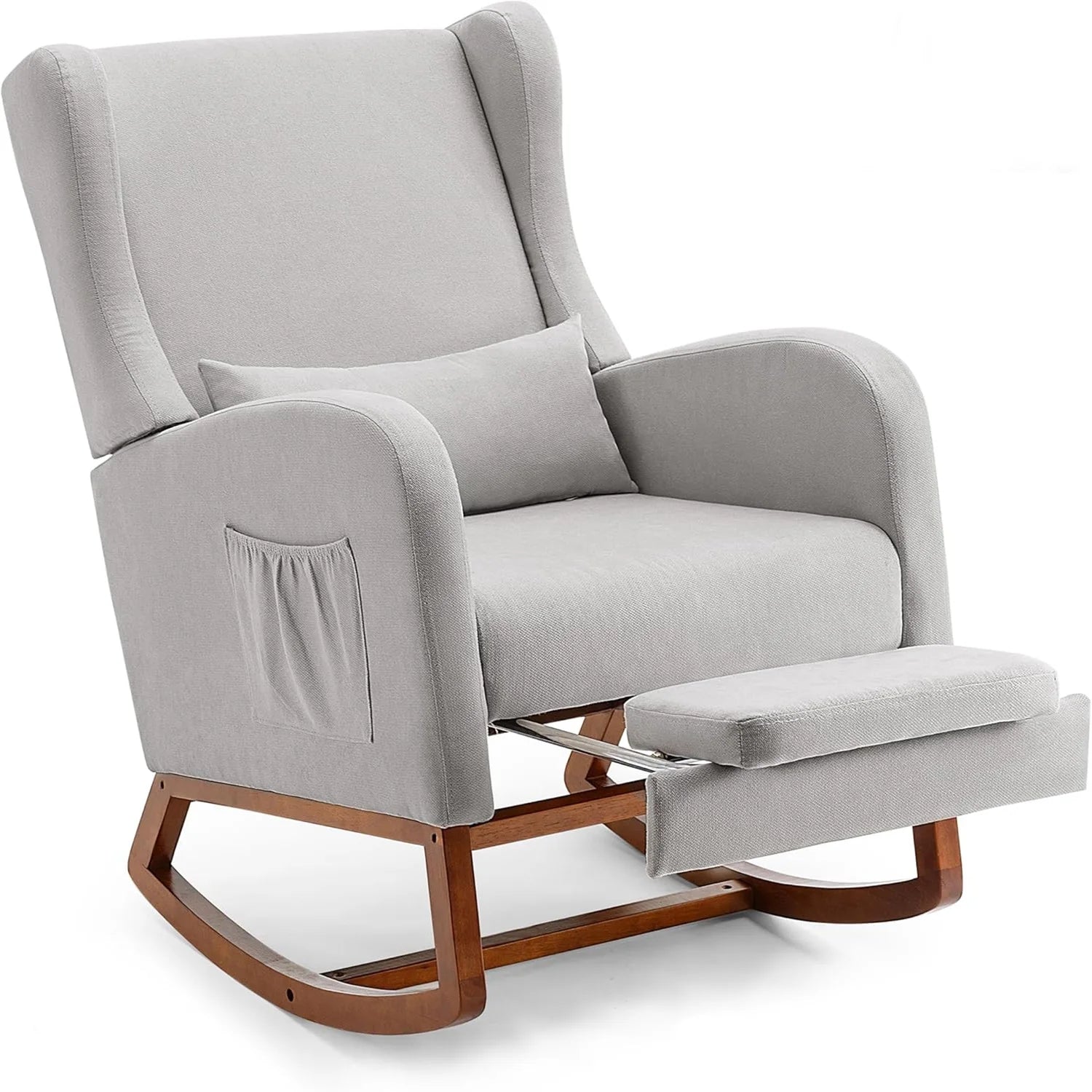Nursery Rocking Chair, Upholstered Glider Rocker with Adjustable Footrest & Side Pocket,