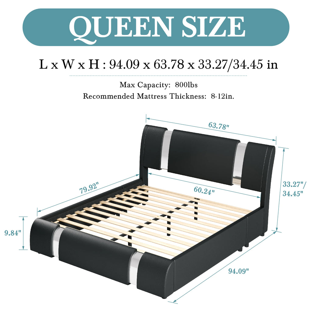 Faux Leather Bed Frame with Iron Pieces Low Profile Platform Bed with Height-Adjustable Headboard