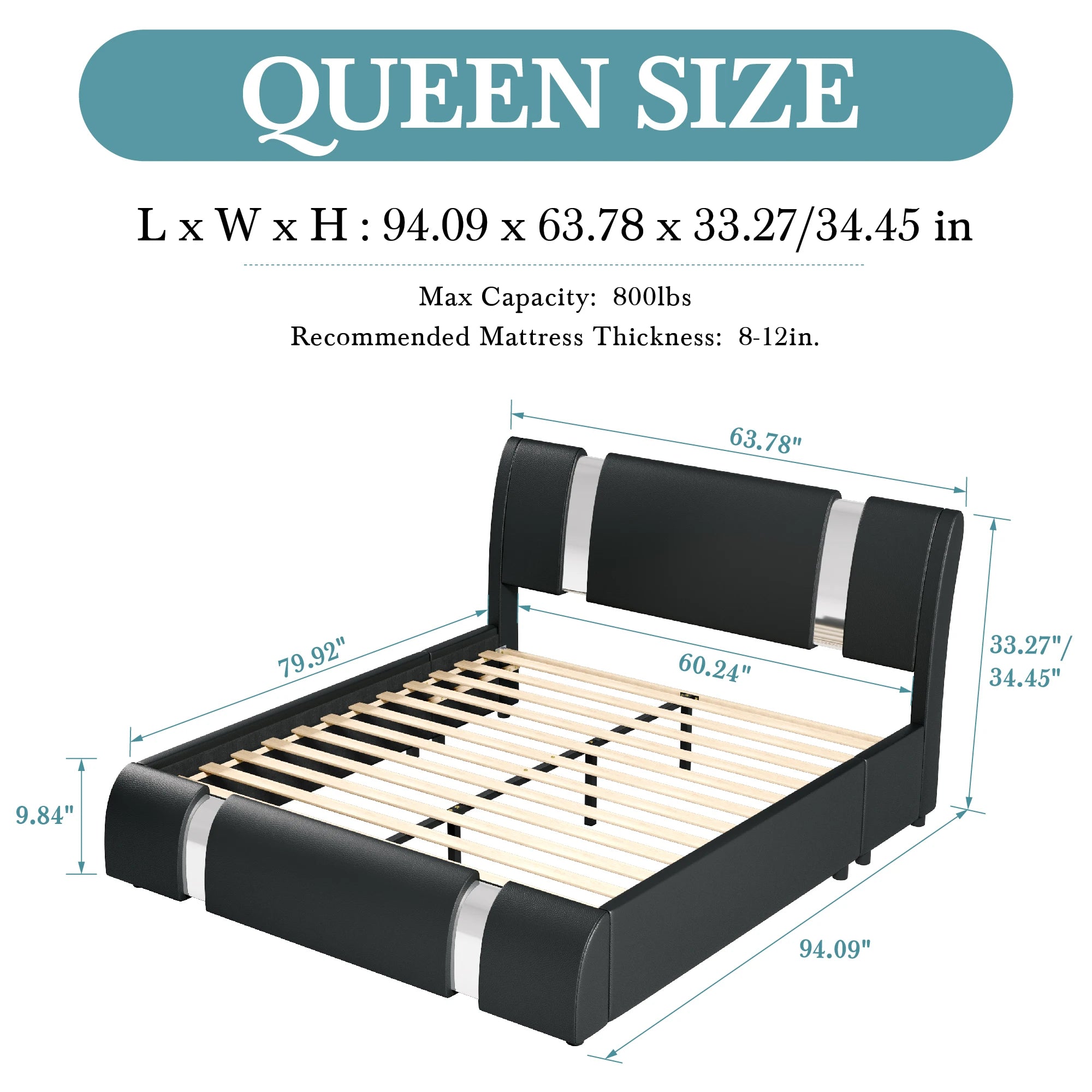 Faux Leather Bed Frame with Iron Pieces Low Profile Platform Bed with Height-Adjustable Headboard