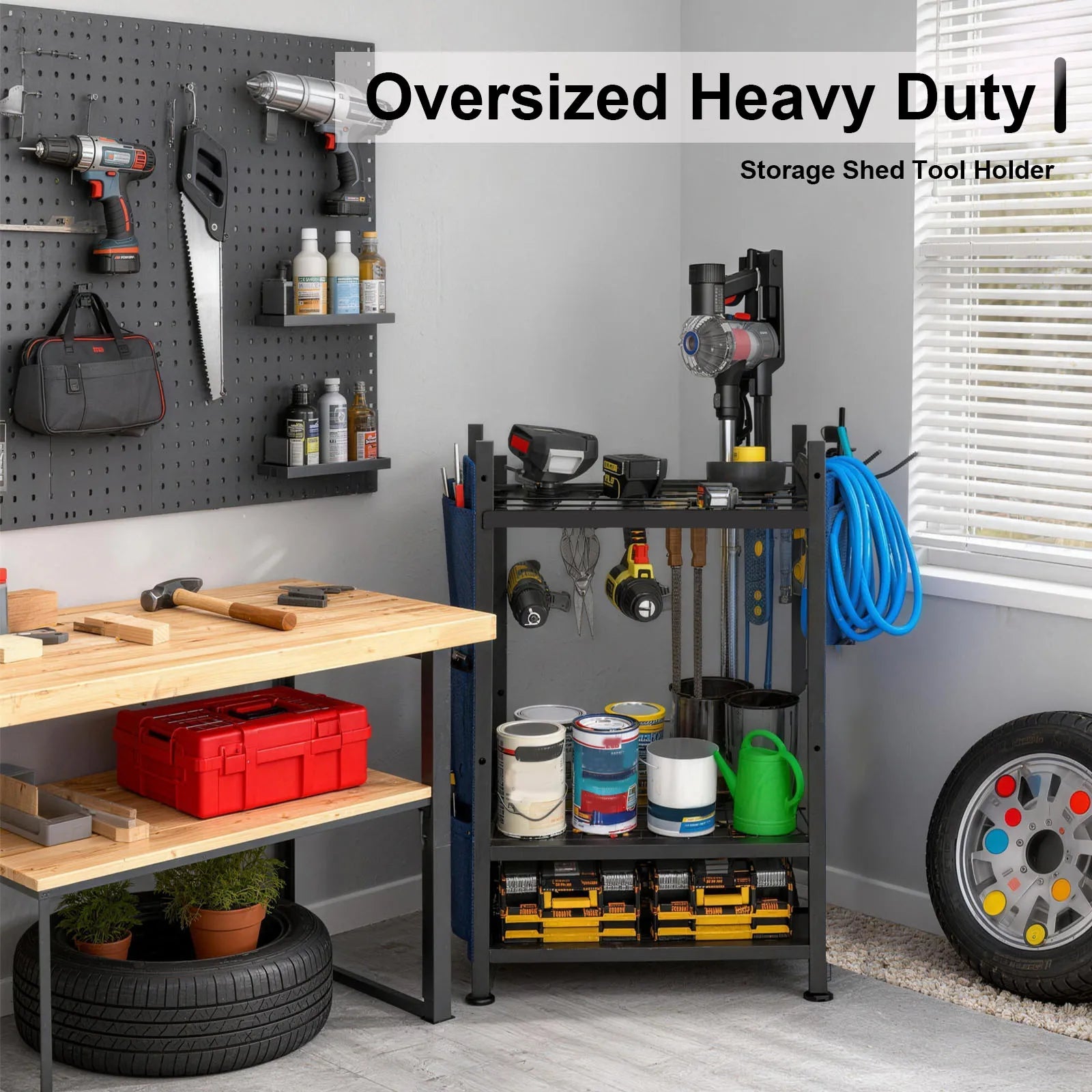 Yard Tool Tower Rack For Garage Organization And Storage, Holds Long-Handled Tools/Rakes/Brooms, Heavy Duty Steel