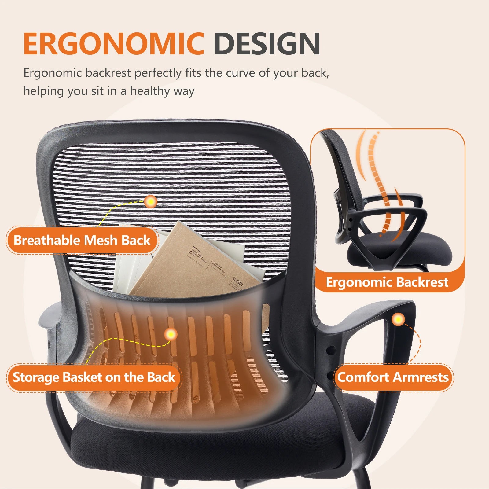 Ergonomic Office Chair No Wheels with Comfy Armrest and Mesh Lumbar Support Back Basket Design