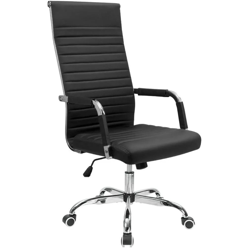 Ribbed Office Chair High Back PU Leather Executive Conference Chair Adjustable Swivel with Arms, Black