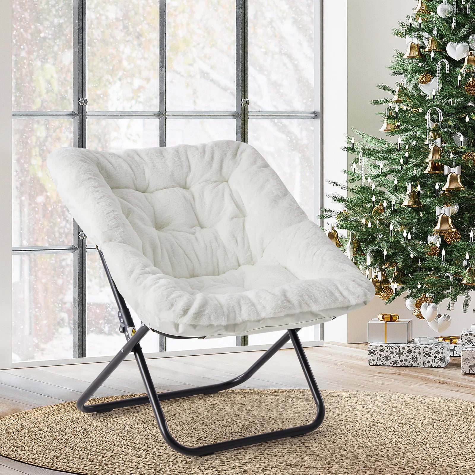 28IN Cozy Saucer Chair With Soft Faux Fur Folding Metal Frame