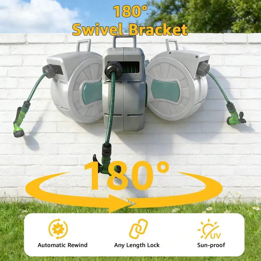 Retractable Garden Hose Reel – Wall Mounted 100FT Water Hose with 10 Pattern Spray Gun, 1/2 Inch Heavy Duty Auto Rewind Hose Cart for Yard,  7 Way Nozzle UV Resistant