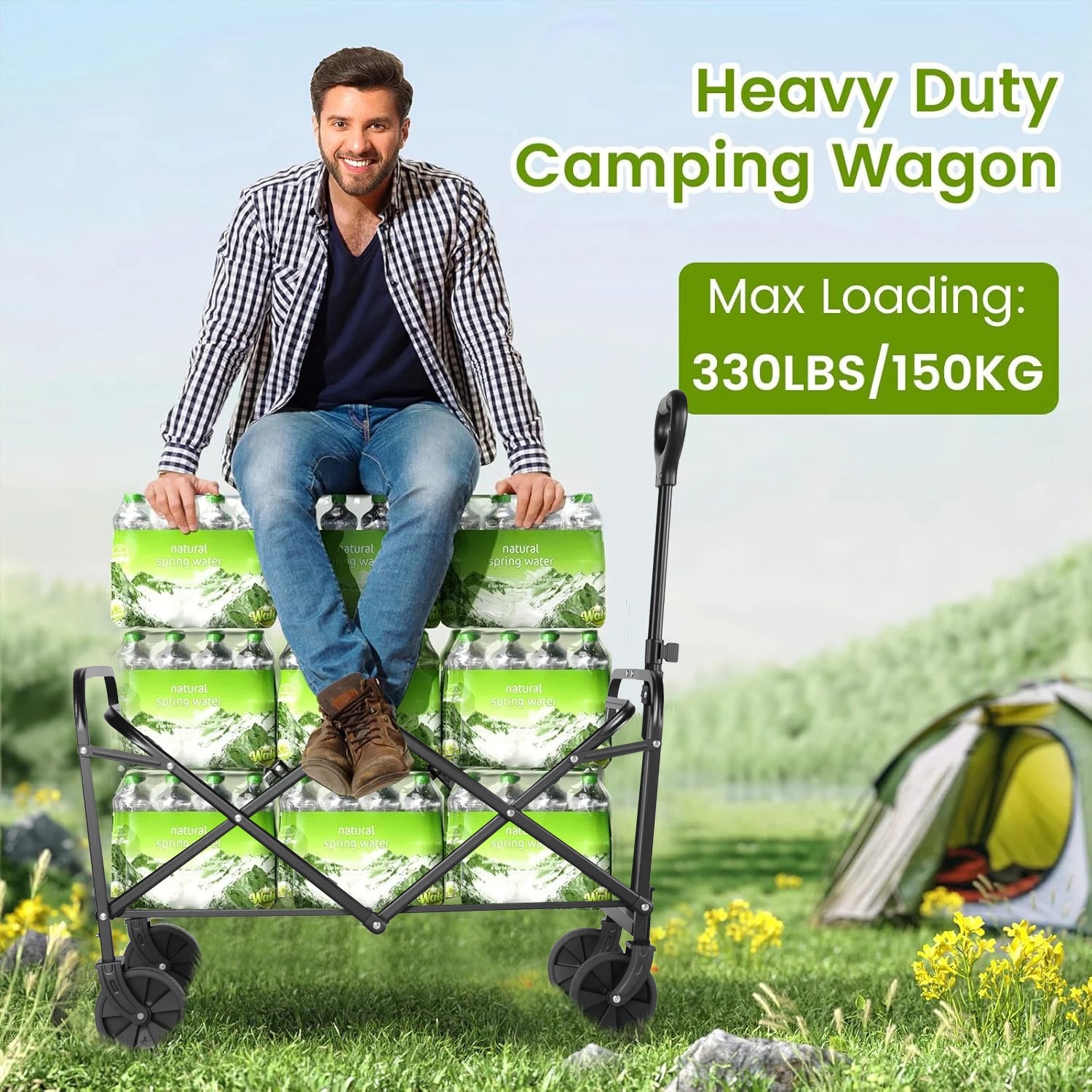 Heavy Duty Foldable, Portable Wagon for Groceries, Beach with All-Terrain Wheels  Drink Holders,