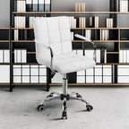 White Leather Office Chair with Wheels and Armrests, Mid-Back Adjustable Desk Chair, 360° Swivel,