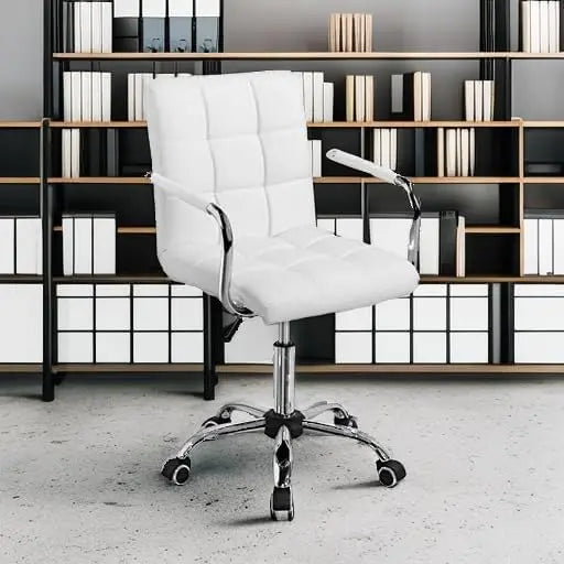 White Leather Office Chair with Wheels and Armrests, Mid-Back Adjustable Desk Chair, 360° Swivel,