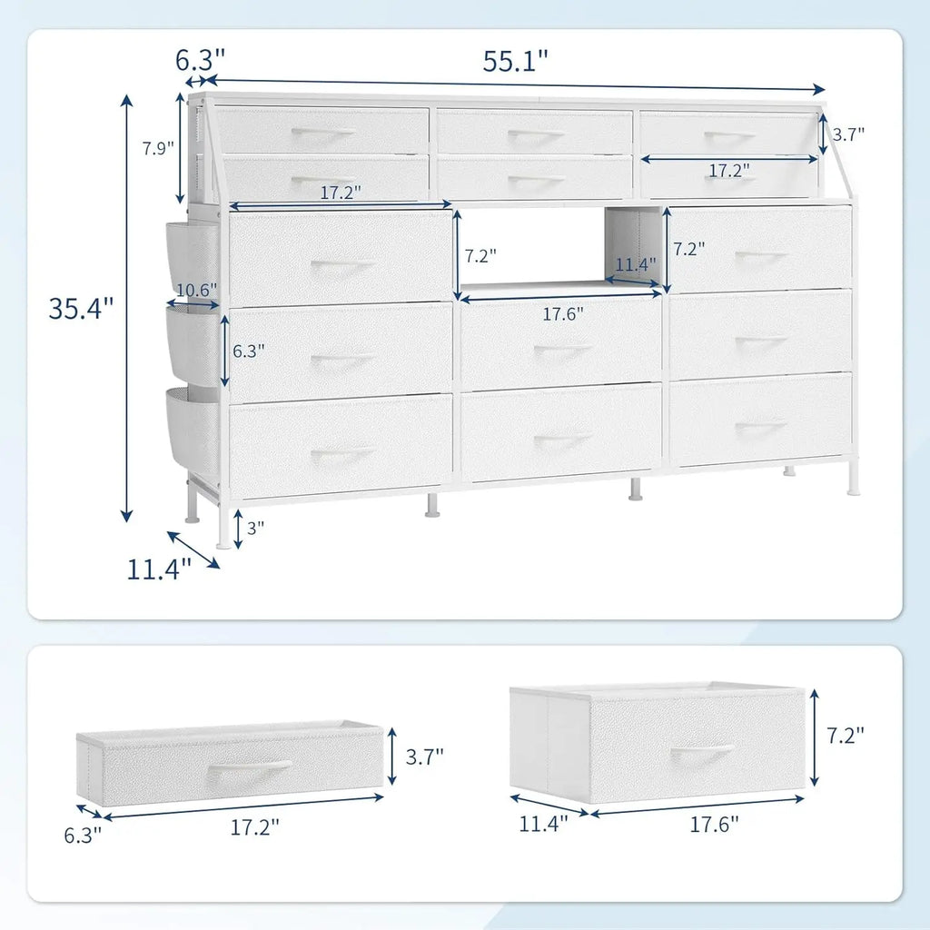 14 Drawer Dresser with Wooden Top, Large Storage Cabinet with Metal Frame