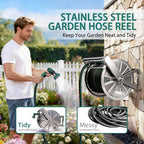 Stainless Steel Garden Hose Reel Heavy Duty Wall Mount 150 Feet Capacity Outdoor Pipe Storage Organizer Automatic Guide Handle Solid Brass Connectors
