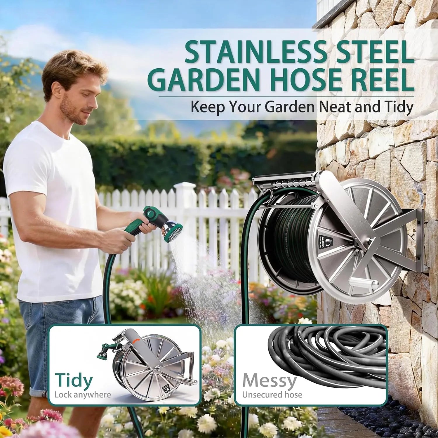 Stainless Steel Garden Hose Reel Heavy Duty Wall Mount 150 Feet Capacity Outdoor Pipe Storage Organizer Automatic Guide Handle Solid Brass Connectors