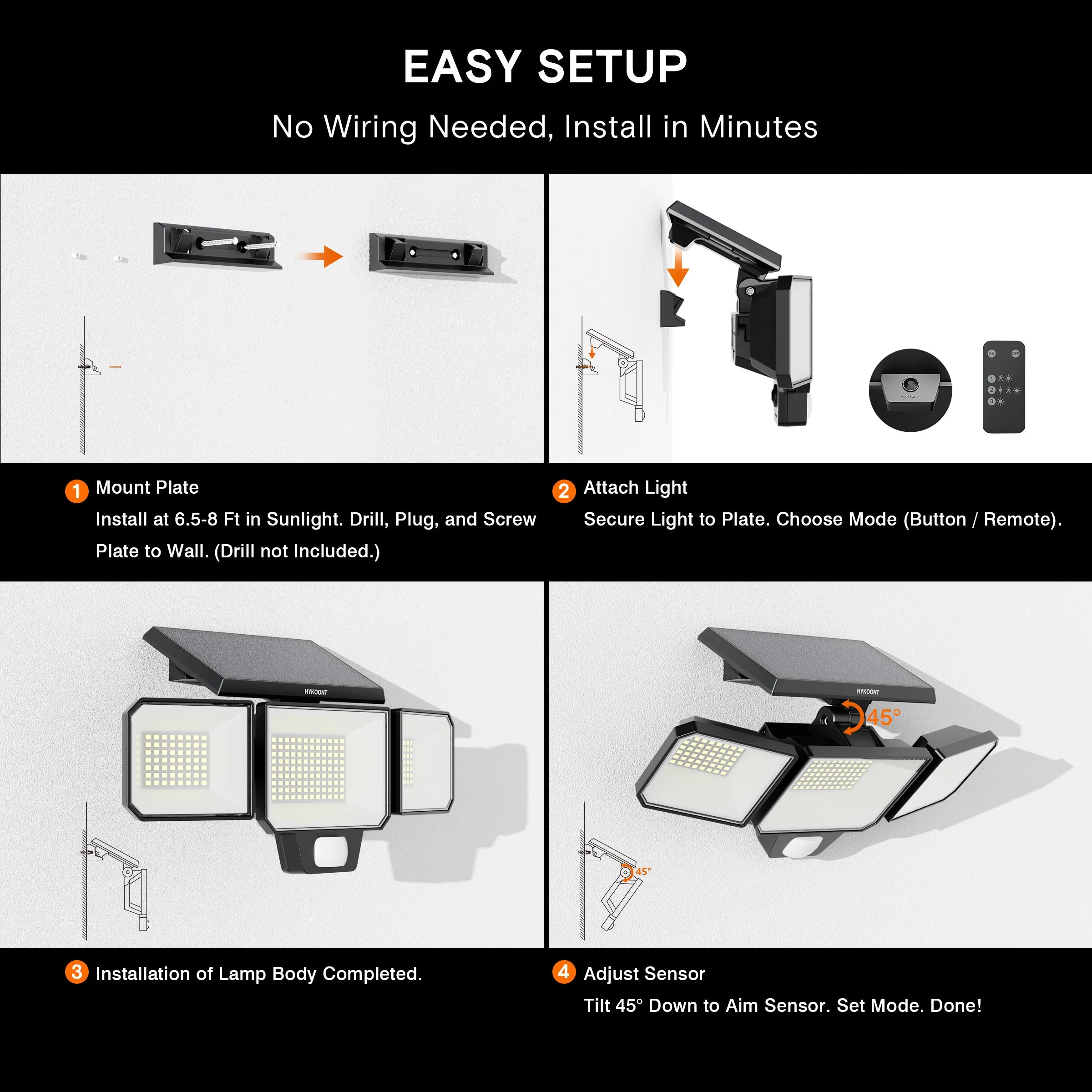 Solar Motion Sensor Outdoor Security Light, 3000LM 3-Head with 270° Wide Angle Illumination, 200+LED Wall Light for Porch Garage Yard Entrance, 3 Lighting Modes