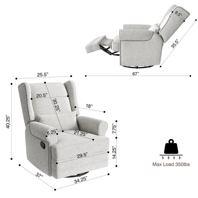Upholstered Swivel Recliner Chair, Comfy Glider Rocking Chair with Lumbar Pillow and Footrest,
