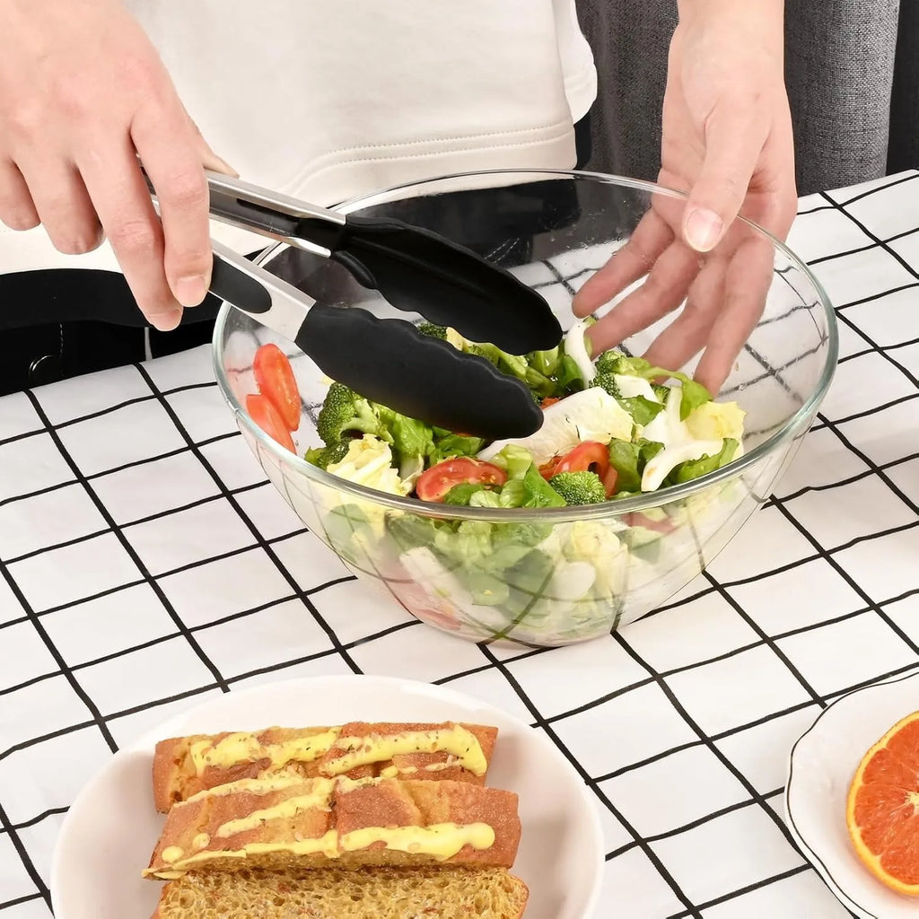 Black Stainless Steel Tongs Set – 7”, 9” & 12” Heat Resistant with Silicone Tip, Pull Lock, Black – Set of 3