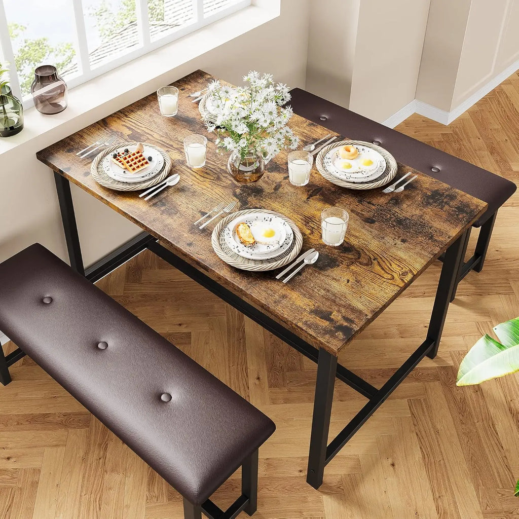 Brown Dining Table Set for 4 With Upholstered Benches,