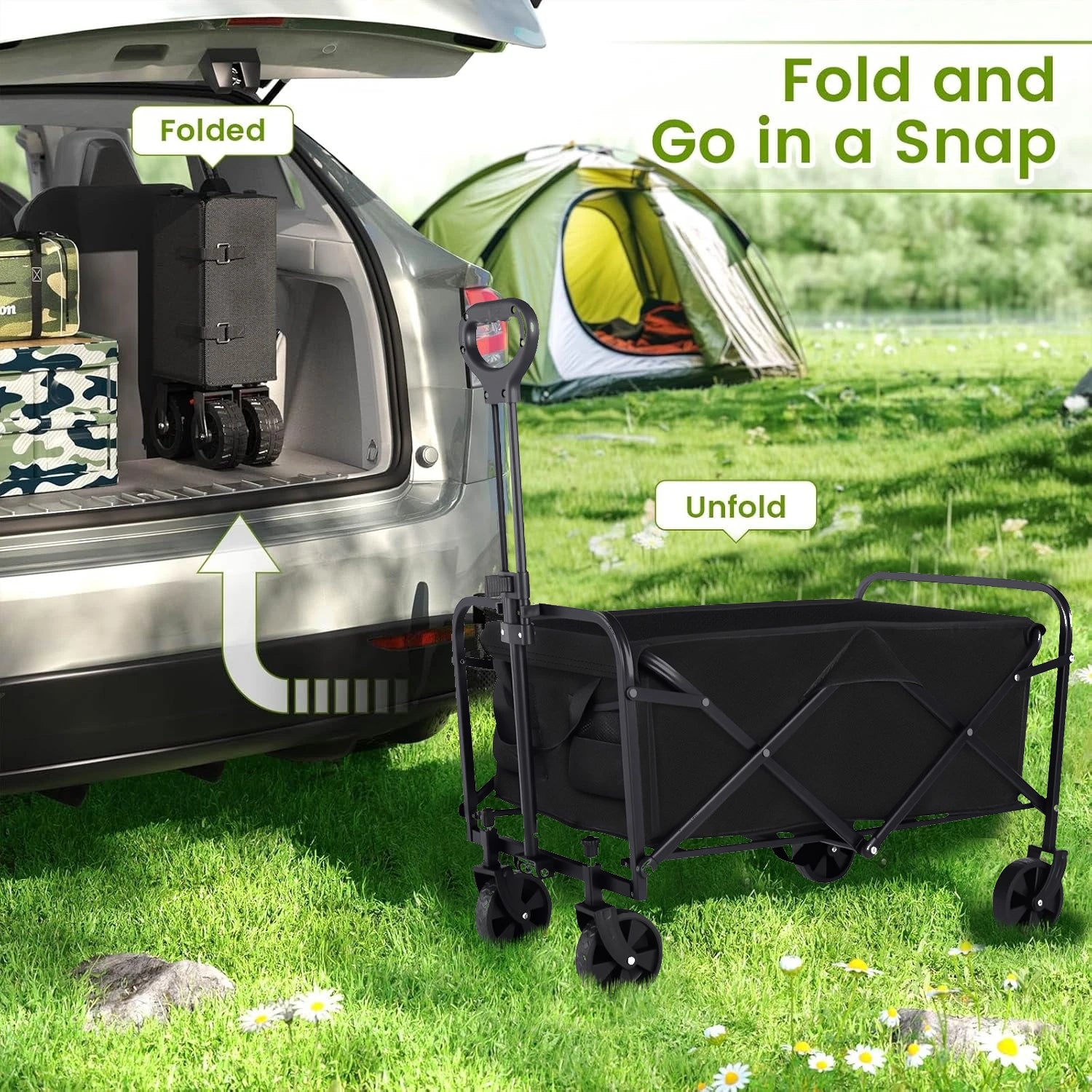 Heavy Duty Foldable, Portable Wagon for Groceries, Beach with All-Terrain Wheels  Drink Holders,