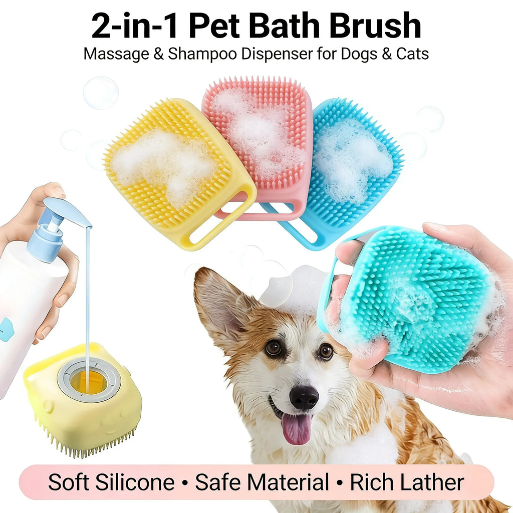 2-In-1 Pet Bath & Massage Brush With Shampoo Storage. Silicone For Sensitive Skin