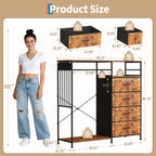 Reversible 6 Fabric Drawers Hanging Rack Dresser Closet w/LED Lights & Charging Station