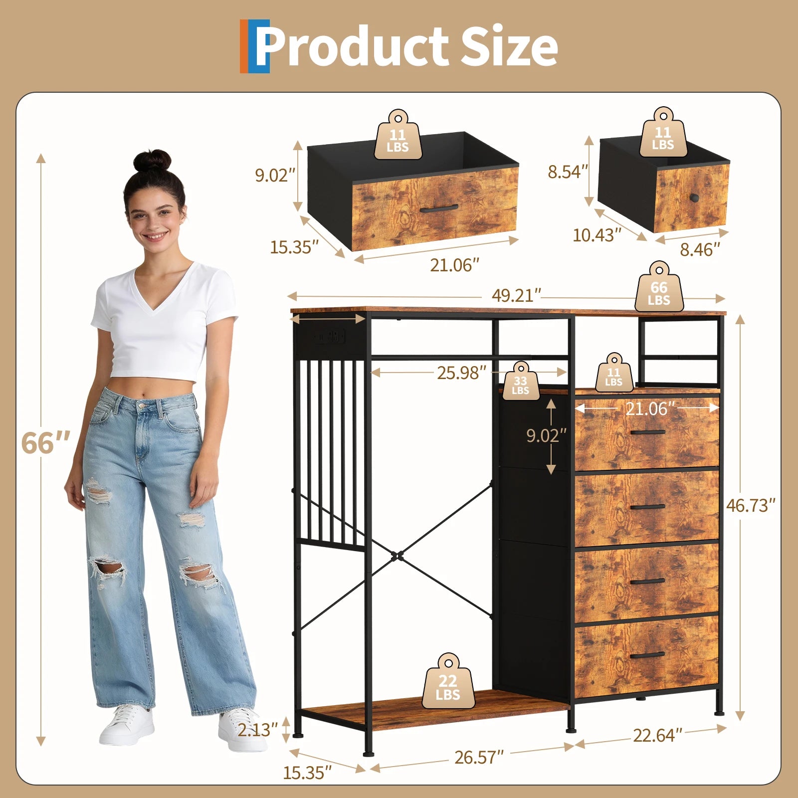Reversible 6 Fabric Drawers Hanging Rack Dresser Closet w/LED Lights & Charging Station