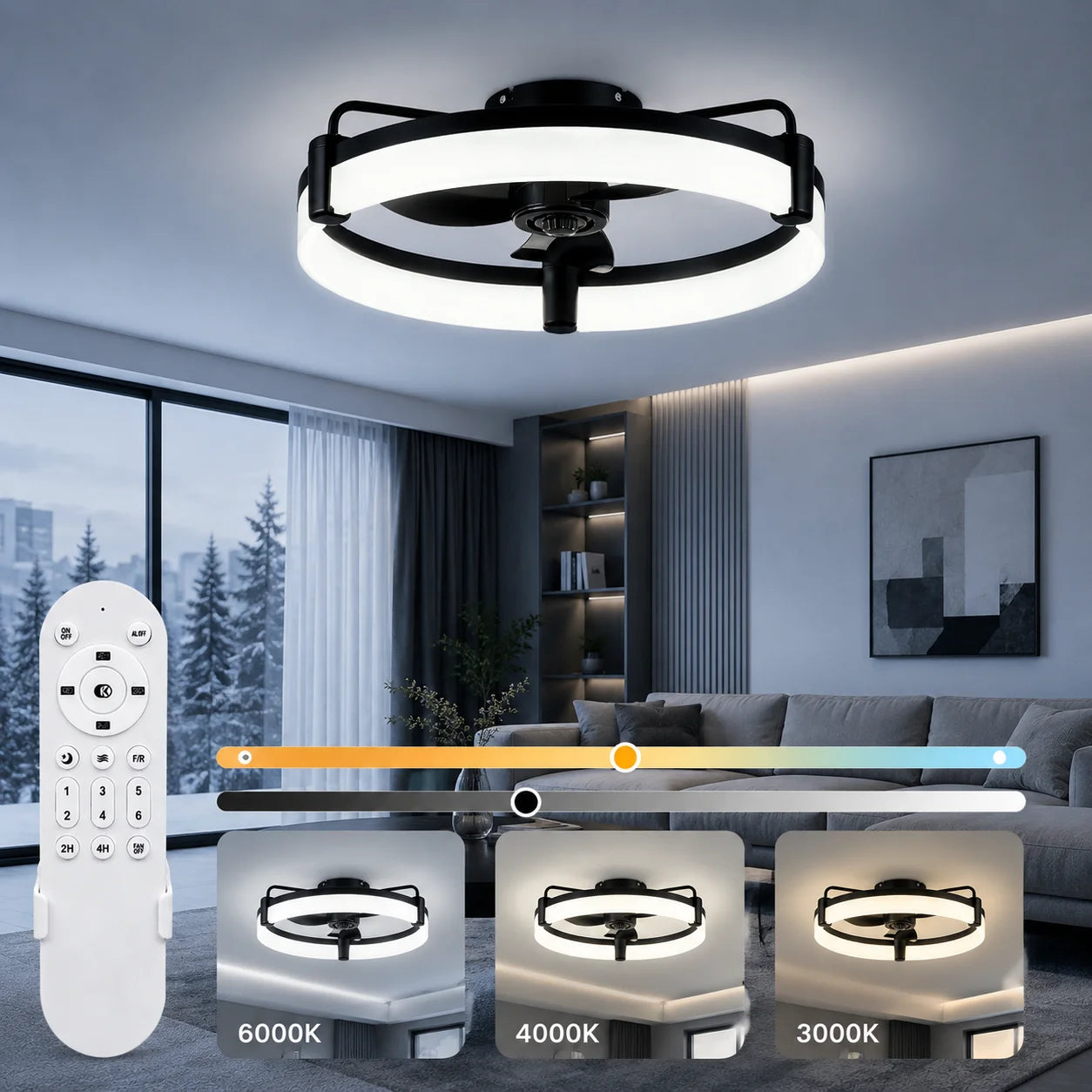 Ultra Quiet Round Indoor Fan Light, Dimmable 6 Speed Reversible DC Motor Flush Mount LED Ceiling Fan for Livingroom Bedroom Kitchen