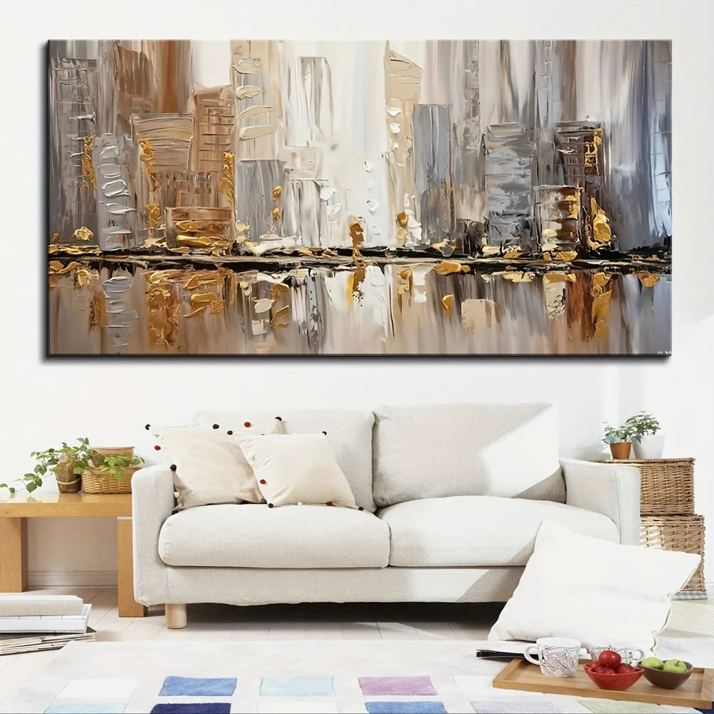 Large modern abstract oil painting - neutral tones with gold accents