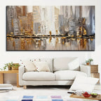 Large modern abstract oil painting - neutral tones with gold accents