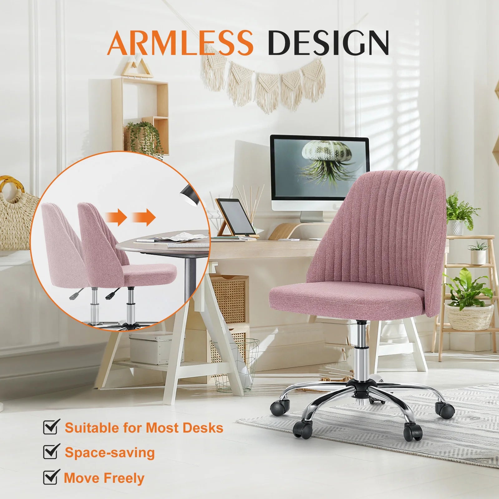 Armless Small Desk Office Chair Cute Vanity Swivel Chair with Back Modern Fabric with Wheels