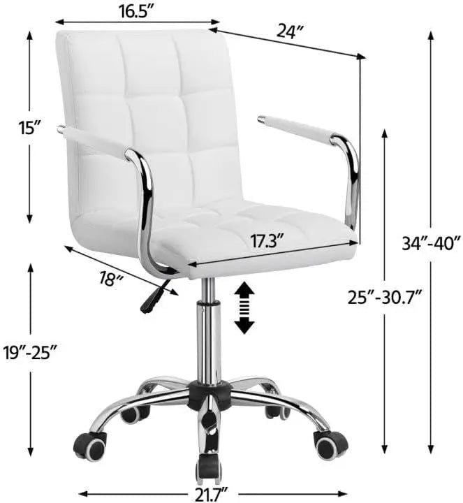 White Leather Office Chair with Wheels and Armrests, Mid-Back Adjustable Desk Chair, 360° Swivel,