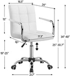 White Leather Office Chair with Wheels and Armrests, Mid-Back Adjustable Desk Chair, 360° Swivel,