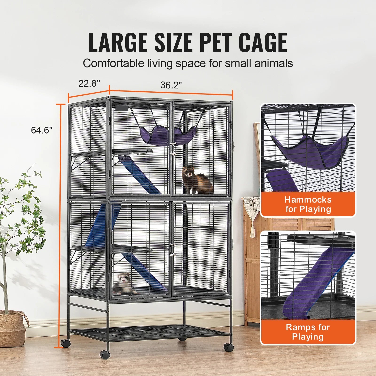 SucceBuy 64.6" Rolling Metal Ferret Cage Large 4-Tier Cage Small Animal Cage for Pet Rats Hamster Guinea