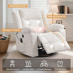 Ivory White 360° Swivel Rocking Chair for Adults with Massage, Heating, Storage, and USB Charging