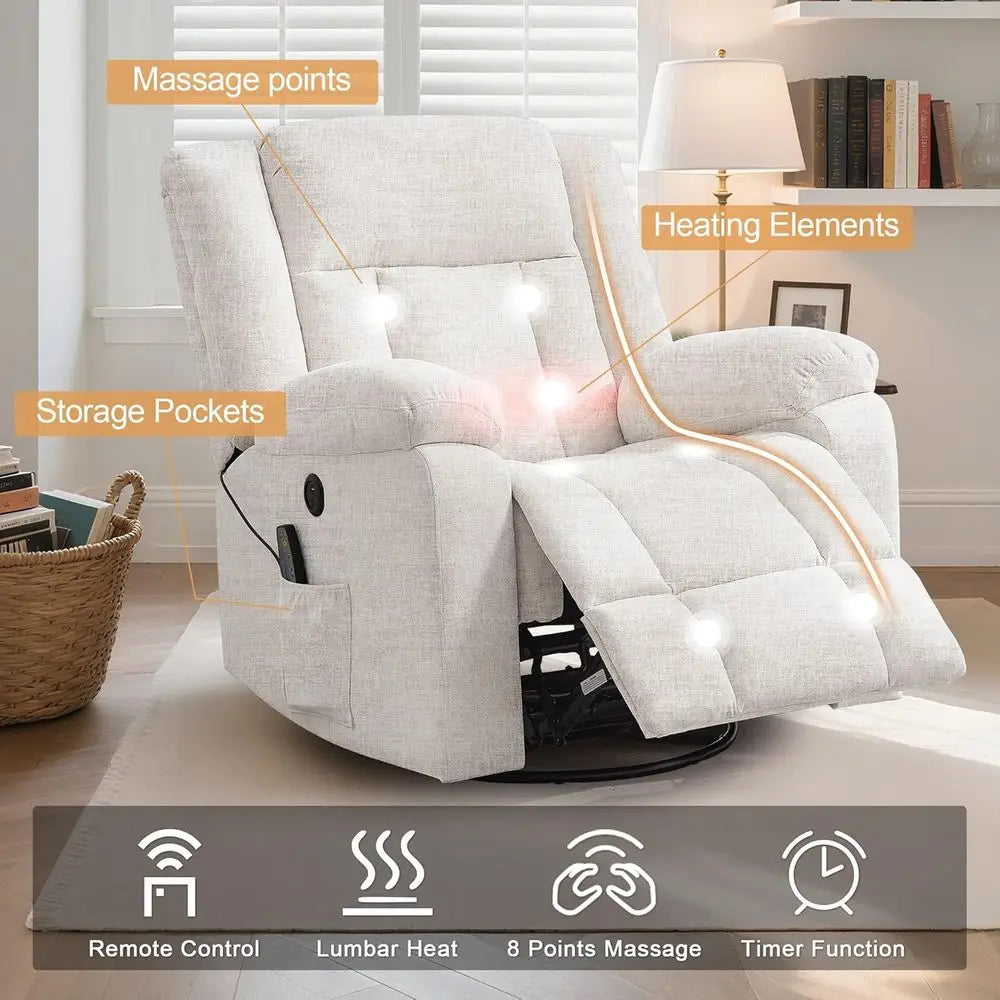 Ivory White 360° Swivel Rocking Chair for Adults with Massage, Heating, Storage, and USB Charging