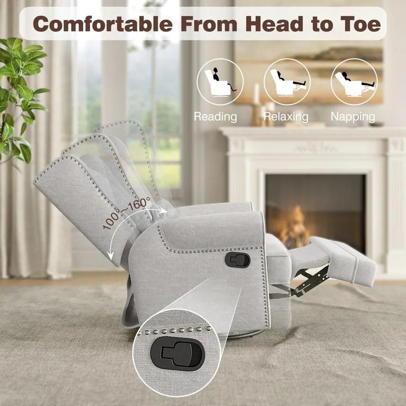 Upholstered Swivel Recliner Chair, Comfy Glider Rocking Chair with Lumbar Pillow and Footrest,