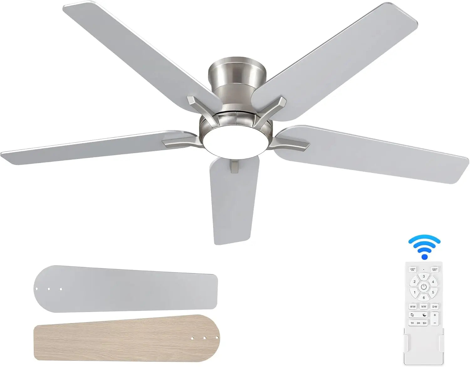 52" Flush Mount Ceiling Fan with Lights & Remote, Dimmable 6 Speeds, Noiseless DC Motor, ETL Listed