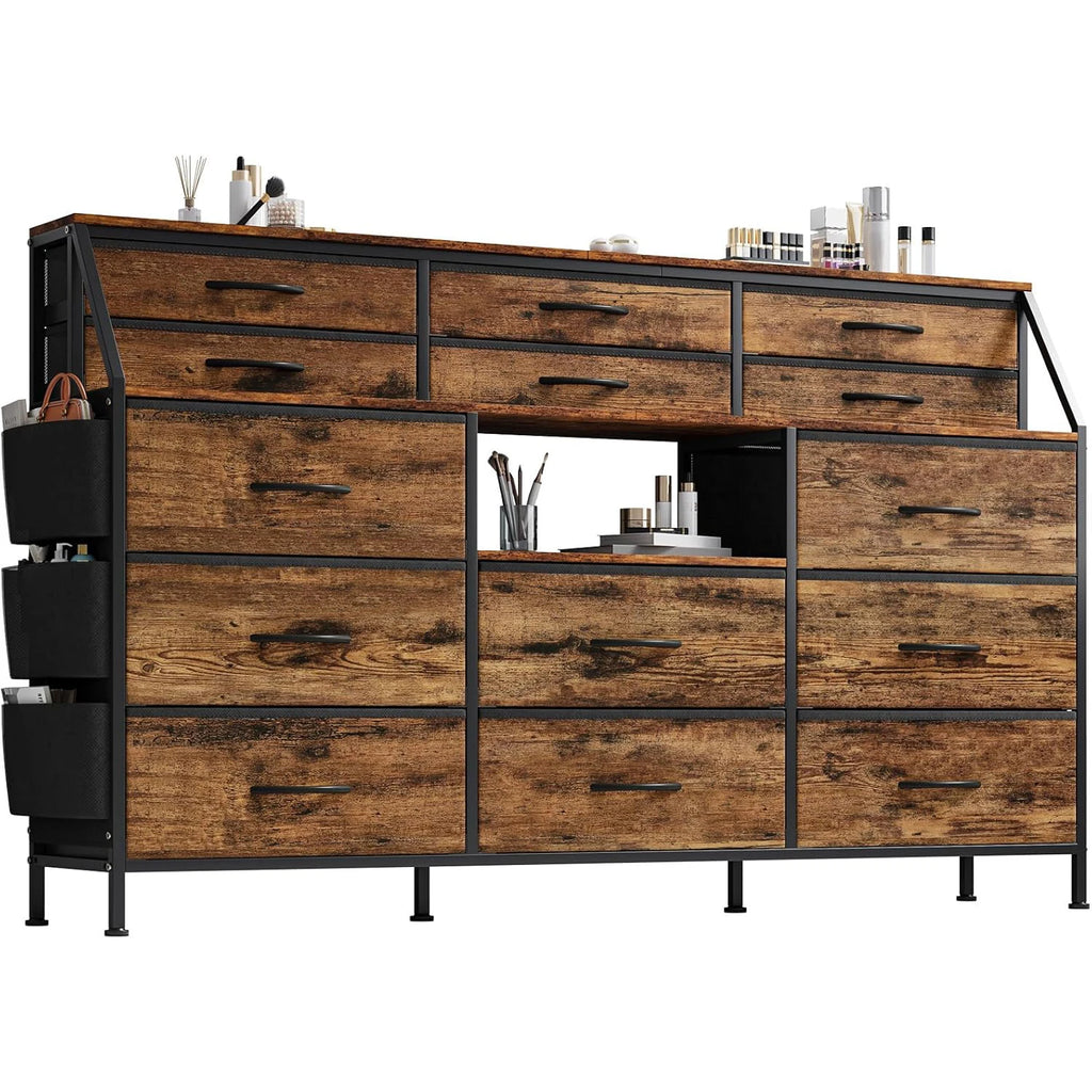14 Drawer Dresser with Wooden Top, Large Storage Cabinet with Metal Frame