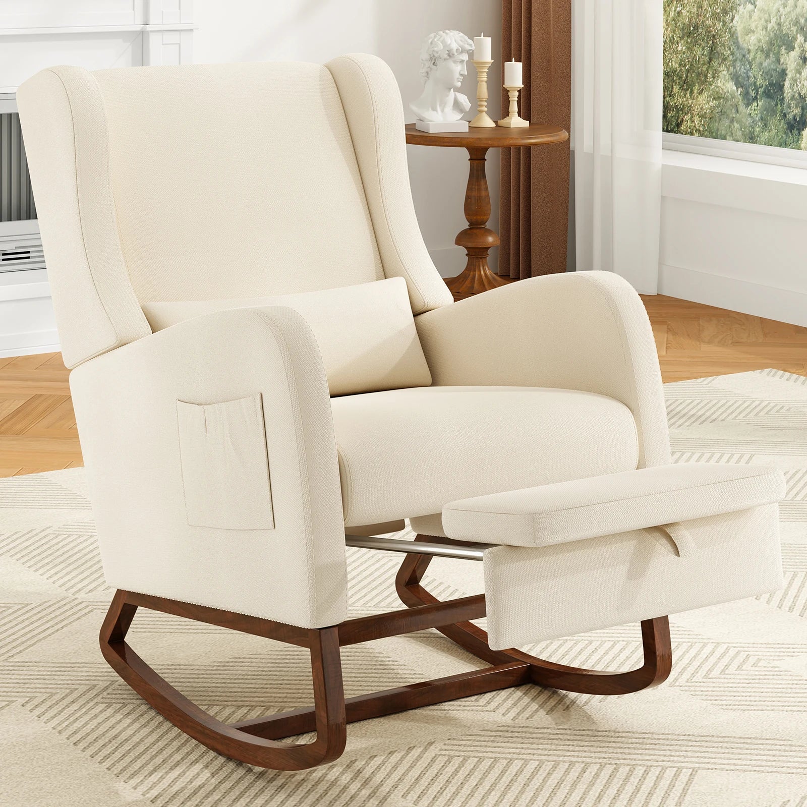 Nursery Rocking Chair, Upholstered Glider Rocker with Adjustable Footrest & Side Pocket,