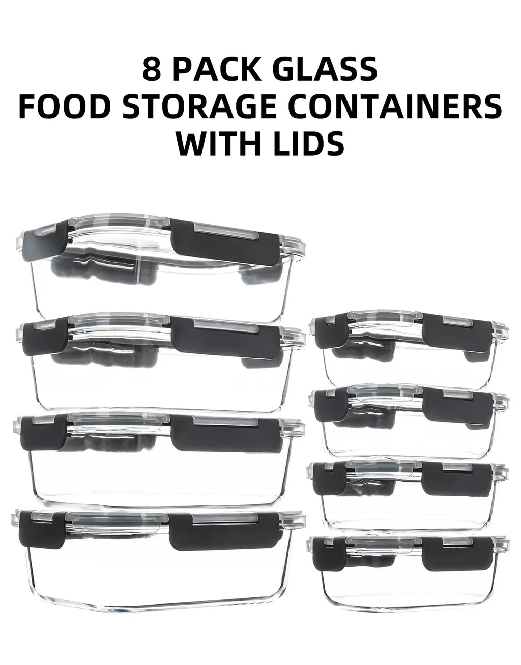 8-Piece Glass Food Storage Containers Set, BPA-Free, Leakproof, Microwave & Oven Safe, 6 Sizes, Borosilicate Glass Lock Lid