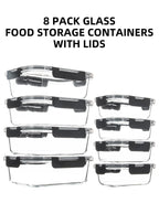8-Piece Glass Food Storage Containers Set, BPA-Free, Leakproof, Microwave & Oven Safe, 6 Sizes, Borosilicate Glass Lock Lid
